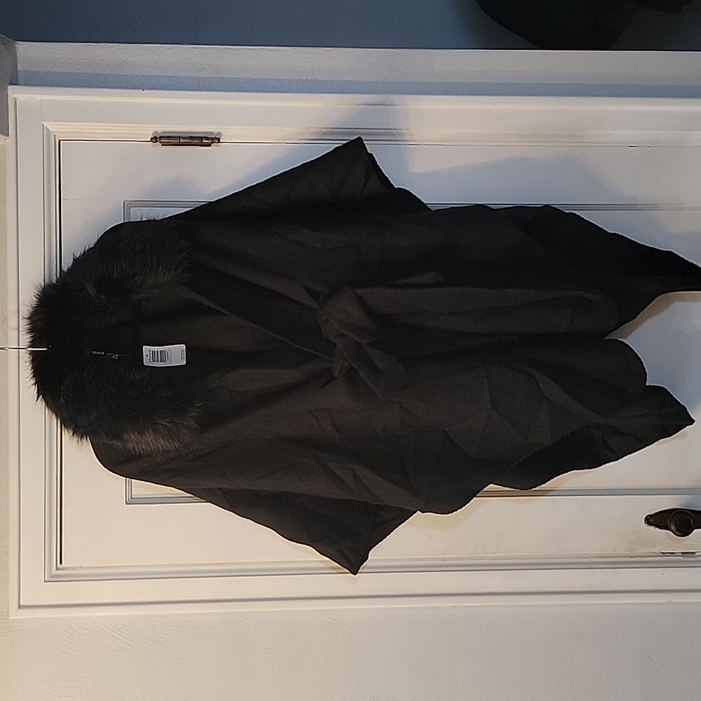 belted poncho with faux fur detail